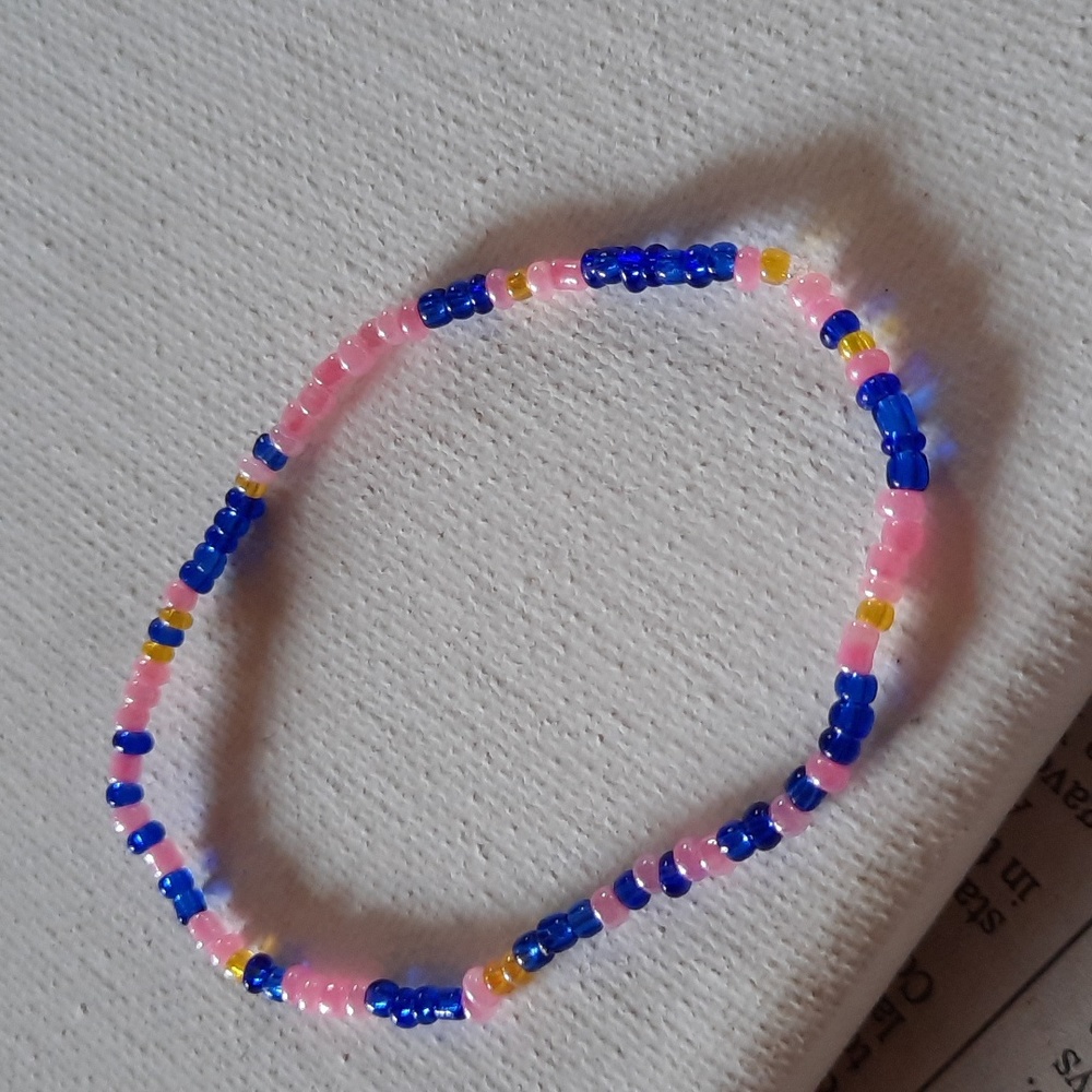 💜 3/$20 Bracelet 6.5" glass seed beads stretchy string handmade pink yellow